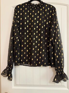 Tuckernuck Pomander Place Black Blouse with Metallic Gold Dot Print Sz. XL